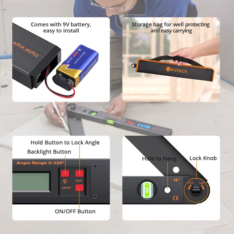 Neoteck Aluminum Digital Angle Finder Protractor 225Â° 16 inch Backlit LCD Digital with Horizontal and Vertical Bubble - Black - Image 2